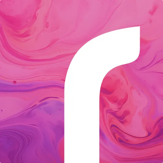 White lowercase letter 'r' on a pink and purple swirling marbled background.